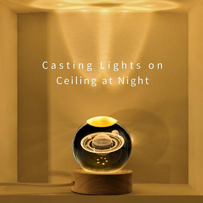 3D Saturn Crystal Ball with LED Stand, 60mm Glass Sphere Decorative Balls Lamp, Space Planet Model Galaxy Night Light Gifts for Women Kids