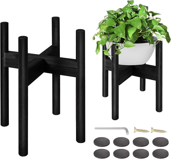 2 Pack Bamboo Plant Stands, Adjustable Plant Stand Indoor, Mid Century Modern Plant Stand, Plant Holder for Living Room, Balcony Fits 8 to 12 Inches Pots (Black)