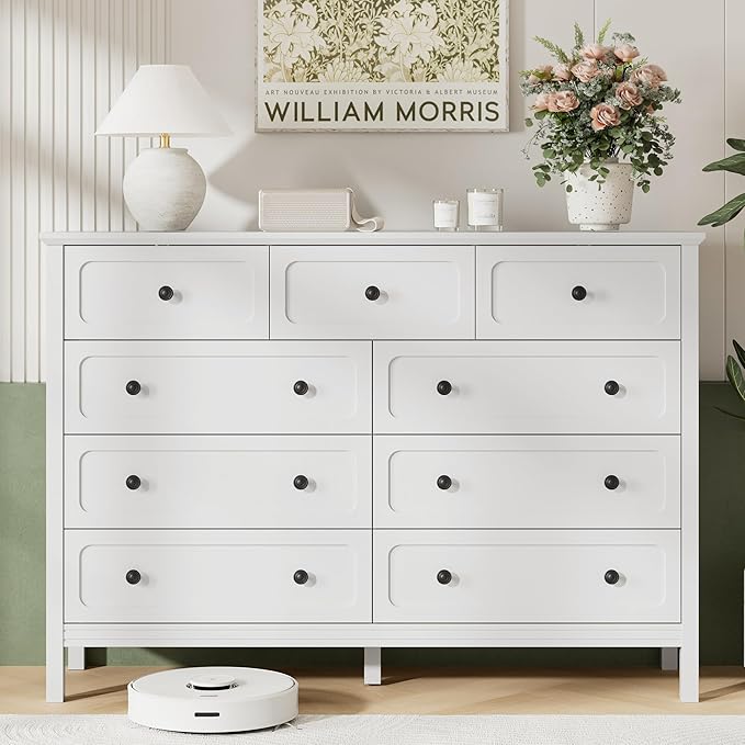 White Dresser for Bedoom, Modern Chest of Drawers, Wood 9 Drawer Dresser with Metal Handles, Modern Dressers & Chest of Drawers for Living Room, Hallway, Entryway