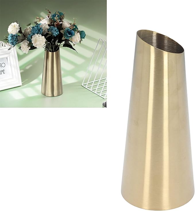 Tall Vase for Flowers, Gold Vase 304 Stainless Steel Conic Shape Narrow Mouth Simple Modern Style Desk Vase for Fireplace Bedroom Kitchen Living Room Centerpieces Office Desk, 7.80in