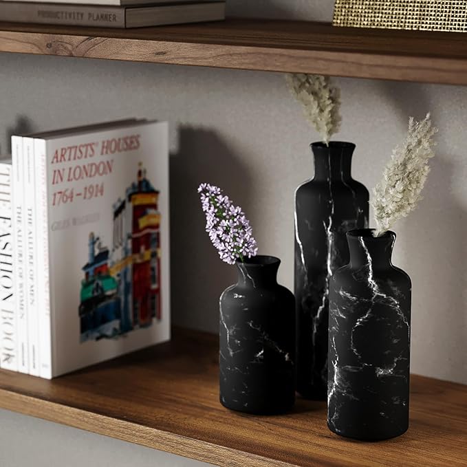 Creative Scents Black Marble Look Vase Set - Vases Home Decor, Premium Quality for Holding Pampas Grass, Dried/Fresh Flowers, Vases for Decor - Kitchen, Bedroom, Office, Living Room, or Shelf Decor