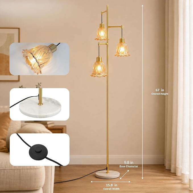 Gold 3-Light Glass Flower Floor Lamp, Mid Century Modern Brass Tree Standing Lamp, Vintage Boho Farmhouse Tall Floor Lamps for Living Room Bedroom Home Office