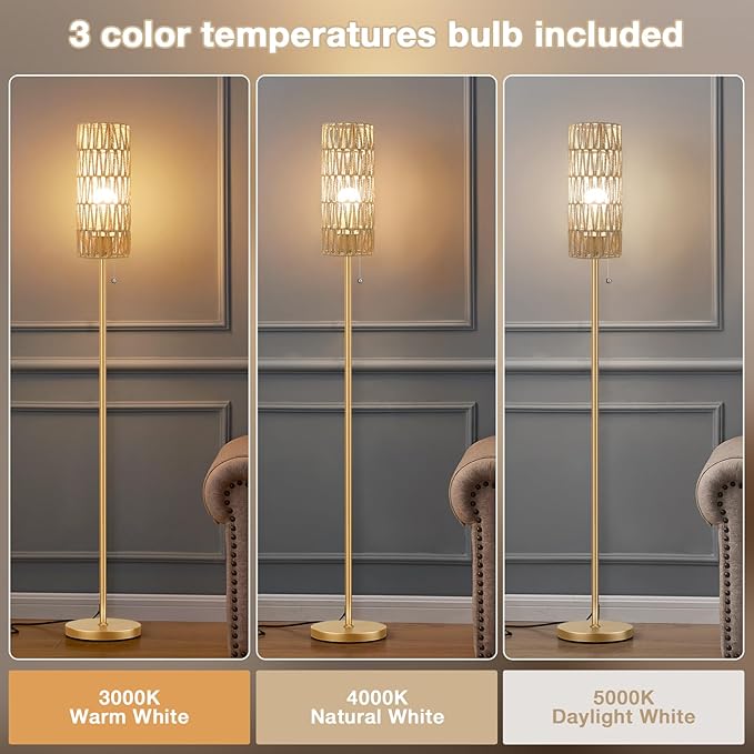 Ambimall 64'' Floor Lamp for Living Room with 3 Color Temperatures Bulb, Boho Gold Standing Lamp with Beige Rattan Shade