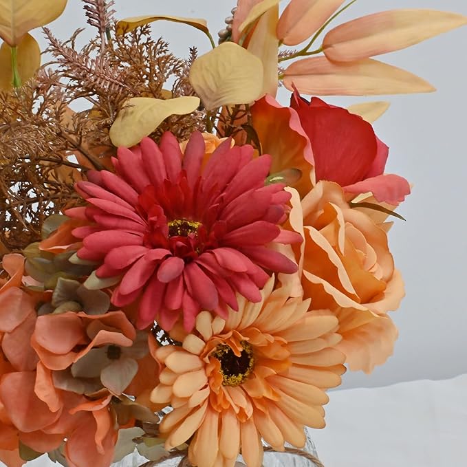LADADA Artificial Flower in Glass Vase,Fall Silk Flower Arrangements,Fall Centerpieces for Tables,Artificial Flowers for Autumn Decor,Thanksgiving Party Table Rustic Wedding（Orange-Yellow）