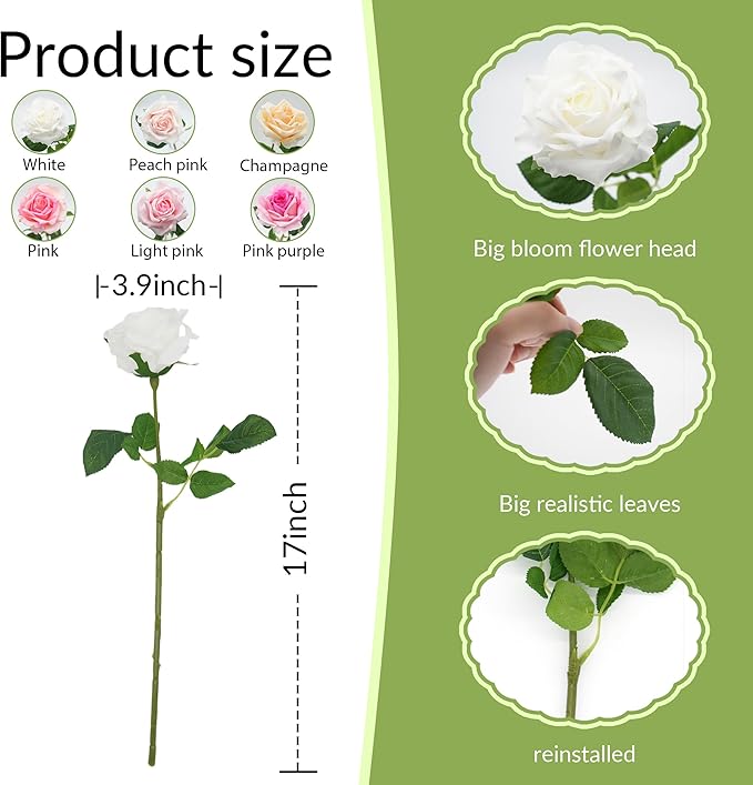6 Pcs Silk Real Touch Latex Roses, Artificial Single Stem Big Bloom Faux Roses for Home Party Office Wedding Indoor Decor, Floral Arrangements, Table Centerpieces