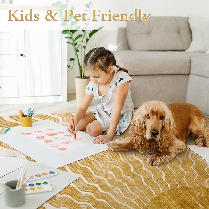 Hedlive Boho Machine Washable Rug 6x9, Sun Print Soft 6x9 Nursery Rug for Bedroom Classroom, Ultra-Thin Non Slip Kids Large Carpet for Living Room Playroom Office(6'x9',Gold/Multi)