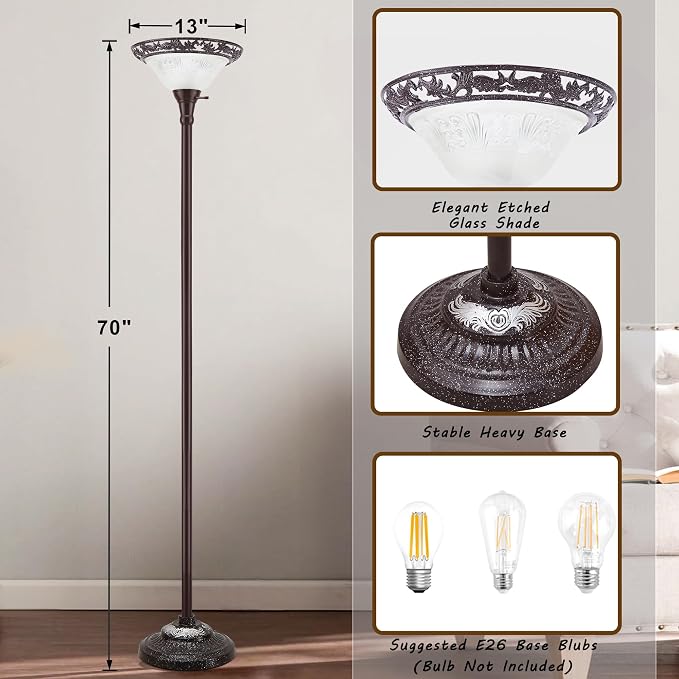 Luvkczc Torchiere Floor Lamp for Living Room - 70" Victorian Floor Lamp with with Etched Glass Shade, Vintage Standing Corner Tall Reading Light for Bedroom Office
