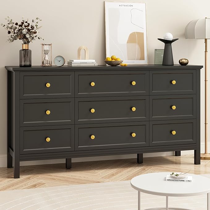 Black 9 Drawers Dresser for Bedroom, 59'' Large Wood Dresser with Gold Handles, Modern Wide Chest of Storage Drawers for Hallway, Living Room