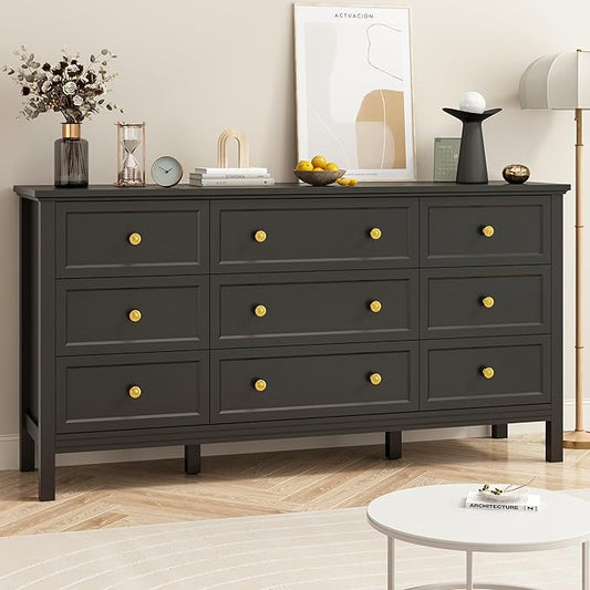 Black 9 Drawers Dresser for Bedroom, 59'' Large Wood Dresser with Gold Handles, Modern Wide Chest of Storage Drawers for Hallway, Living Room