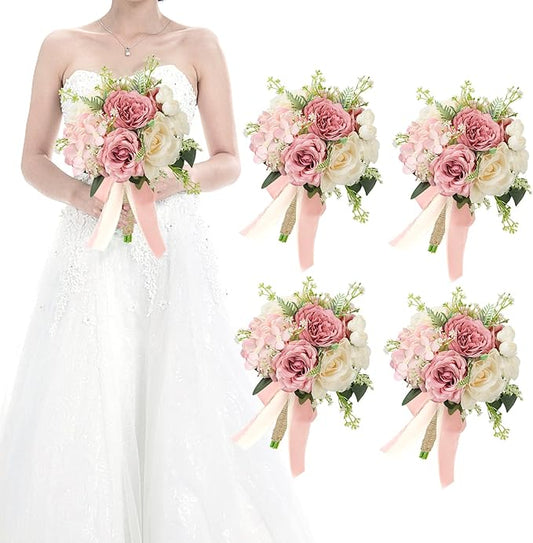 Set of 4 Bridesmaid Bouquets for Wedding, 9 Inch Boho Bridesmaid Flowers for Ceremony Anniversary Centerpieces Decorations, Artificial Rose Bouquets - Pink & White