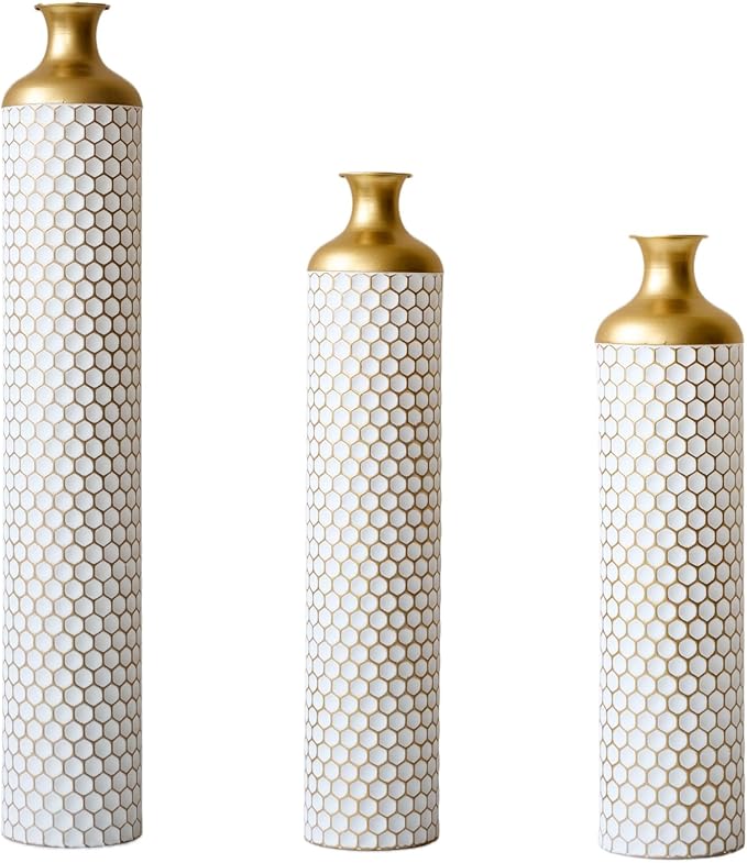 Metal Floor Vases Decorative, Set of 3 Flower Arrangement Stand, Tall White＆Gold Metal Floor Vases for Living Room, Bedroom & Entryway, 33.4", 28.74", 24.4" H (Gold＆White2)