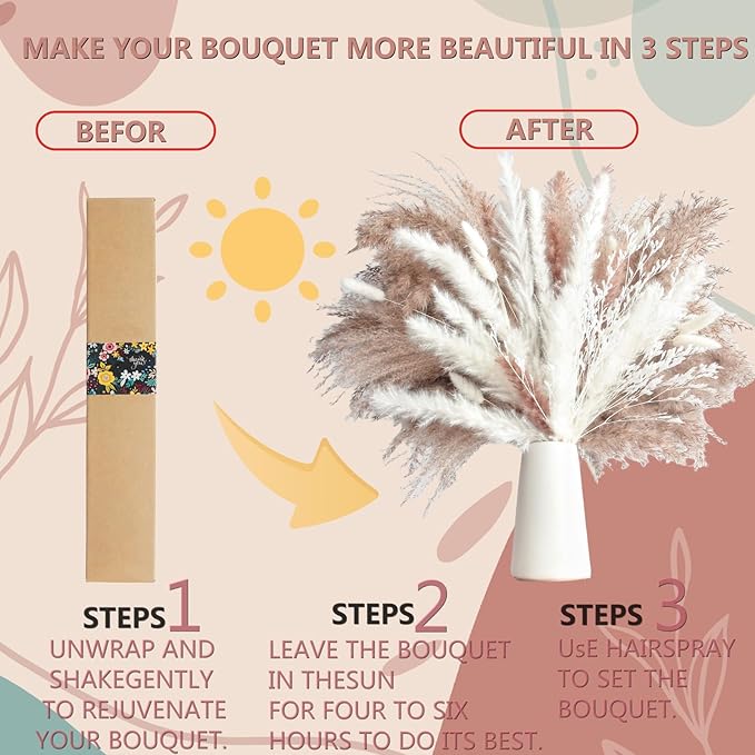 Dried Flower Bouquet - Pampas Grass, Bunny Tails & Preserved Flowers - Boho Chic Home Decor, Rustic Wedding Centerpiece, Farmhouse Style Arrangement, Long-Lasting Gift (113PCS)