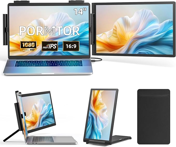 Pornitor Laptop Screen Extender, 14" FHD 1080P IPS Laptop Monitor Extender with USB C/HDMI Port, Plug and Play Dual Screen Portable Extended Monitor for 14"-16.5" Laptops