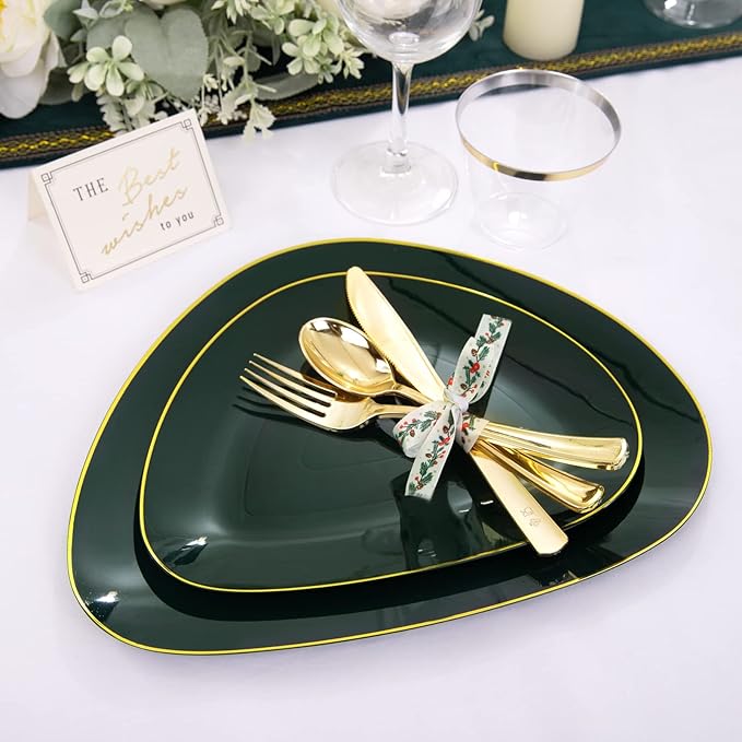 DaYammi 180Pcs Green Plastic Plates, Green Gold Disposable Plates with Gold Silverware Dinnerware Set Include: 30 Dinner Plate,30 Dessert Plate,90 Plastic Cutlery,30 Cups for Christmas Party Holiday