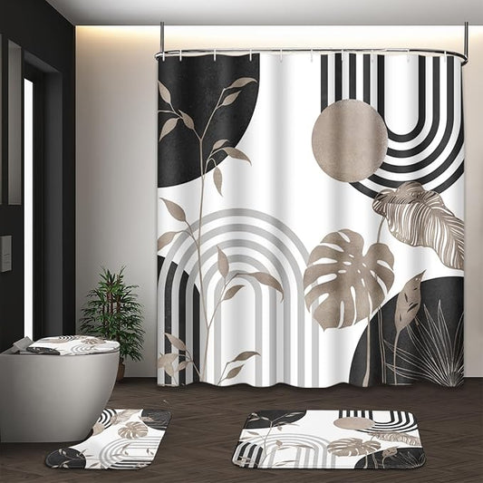 Boho Grey Shower Curtain Set with Toilet Lid Cover and Non-Slip Rugs, Abstract Leaf Minimalist Neutral 4 Pcs Modern Minimalist Vintage Shower Curtain for Bathroom Set with 12 Hooks