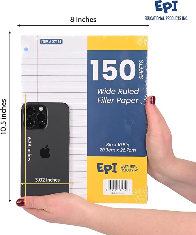 EPI Filler Paper, Wide Ruled Loose Leaf, 3-hole punch, 150 Sheet, 10.5 x 8 Inch, Pack of 24 (3,600 sheets)