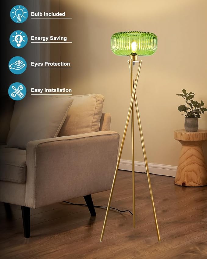 Lightdot Glass Tripod Floor Lamp for Living Room, Modern Gold Standing Lamp with Green Ribbed Glass Lampshade, Arc Tall Lamp for Bedroom Office Reading Room/Sofa Beside/Corner Decor (Bulb Included)