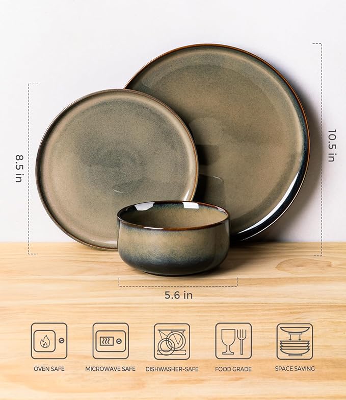 TheTerra Ceramic Dinnerware Sets for 8, 24 Pieces Handmade Reactive Glaze Plates and Bowls Set, Scratch Resistant Dish Set, Oven & Microwave & Dishwasher Safe, Coca Mocha