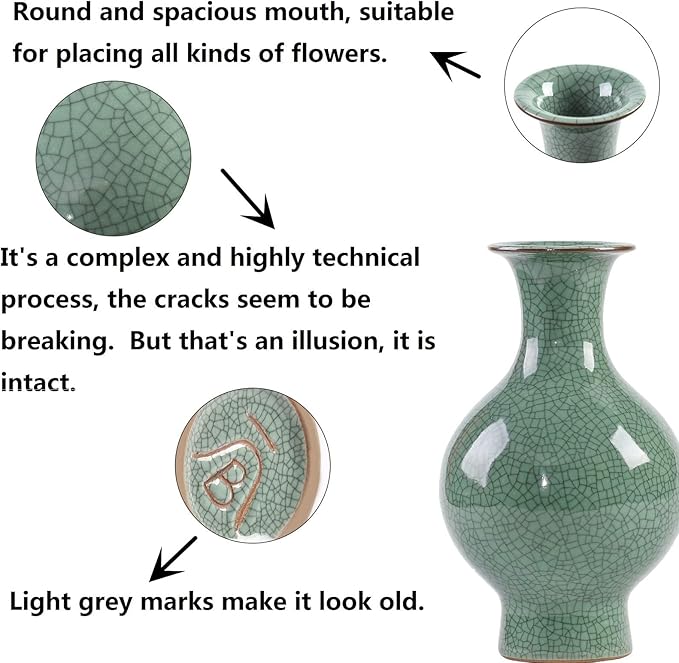 11.2Inches Chinese Ceramic Art Handmade Antique ice Crack Glaze Chinese vases Big China Porcelain Flower Bottle Green Vase for Flowers Home Decoration