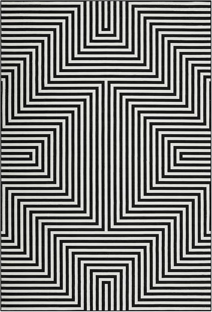Washable Modern Lines Rug 9x12 Area Rug for Living Room Neutral Modern Geometric Rugs Low Pile Soft Bedroom Carpet Thin Foldable Abstract Floor Carpet for Dining Kids Room Playroom, Black