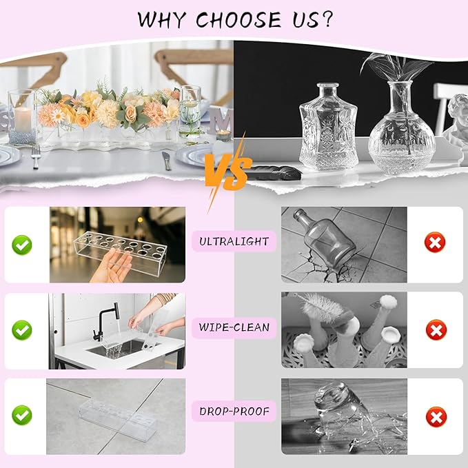 PaulTellie Acrylic Flower Vase Rectangular 4 Pack - Clear Floral Centerpiece for Dining Table Each 14 Inches, Connect to Form 56 Inches Long Rectangle Acrylic Vase for Home Wedding Dining Table Decor