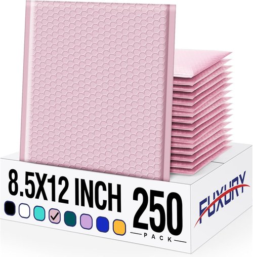 Fuxury Bubble Mailers - Light Pink Self-Seal Padded Envelopes | 8.5x12, 250 Pack, Waterproof Cushioning Bags