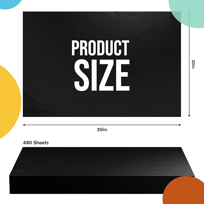 Party Solids Black Tissue Paper for Gift Bags - 20" X 30" Bulk Tissue Paper Black 480 Sheets - 10lb Newsprint for Packing, Birthday Gift Box Filler, Packing Supplies for Moving Supplies