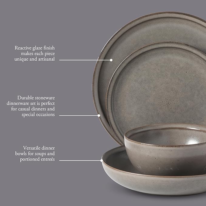 Gibson Elite Beckett Stoneware Matte Reactive Glaze 16 Piece (Service for 4) Plates and Bowls Dinnerware Set - Grey