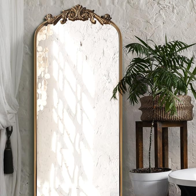 OUSHUAI Large Gold Antique Mirror, Tall Arched Floor Mirror,Ornate Design Vintage Wall Mirror Decor for Entryway,Hallway,Living Room,Fireplace 18"X53"