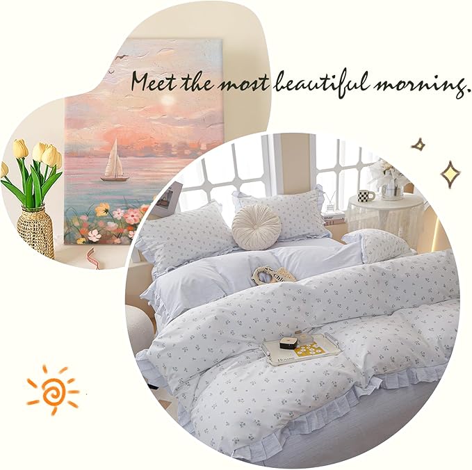White Duvet Cover Floral Lace Duvet Cover King Cute Blue Flower Green Leaves Print Ruffle Comforter Cover Vintage Princess Lace Bedding Set Botanical Floral Comforter Cover Cottagecore Bedding Set