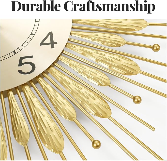 Cuspin 24 Inch Gold Wall Clock, Large Mid Century Modern Clock Sunburst Decorative Design, Silent Non Ticking Battery Operated Metal Wall Clock for Living Room, Bedroom, Kitchen, Office