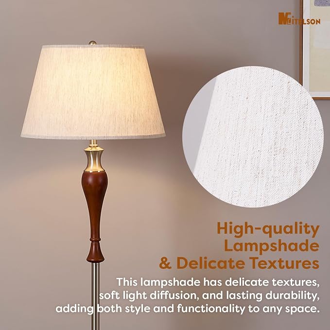 Floor Lamp, Mid Century Lamp with Fabric Shade, Modern Standing Lamp with Dimmer Switch and Bulb for Living Room, Rustic Retro Tall Lamp for Bedroom and Office, Home Décor