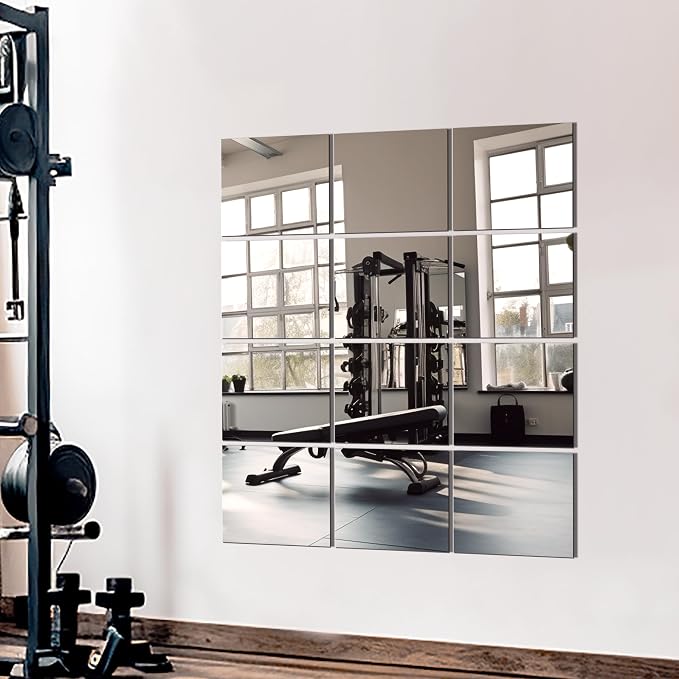 TRAHOME Home Gym Mirror Tiles for Wall, 14"x12"x12PCS Full Length Home Gym Workout Mirror for Garage, Bedroom, Living Room, Over The Door