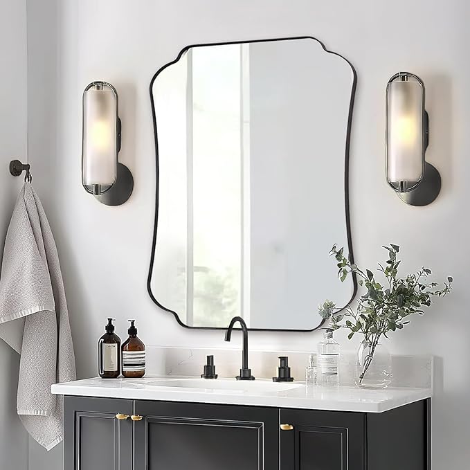 ANDY STAR 30x40 Inch Black Bathroom Mirror, Scalloped Wave-Edge Wall Mirror for Bathroom Vanity, Decorative Modern Vintage Metal Frame Mirror for Living Room, Entryway, Bedroom
