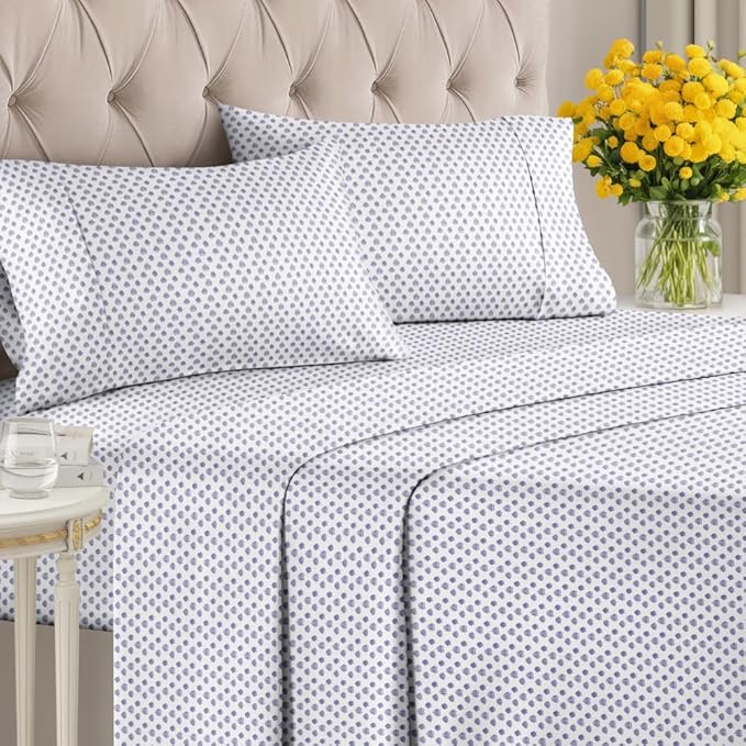 Coastal Bed Sheets - 1 Flat & 1 Fitted Sheet & 2 Pillowcases w/ Deep Pockets - Wrinkle & Fade Free Beach Themed Bed Set - Blue Sea Shell Bedding - Ultra-Soft, Breathable and Cooling - Full Size
