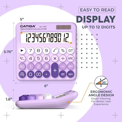 CATIGA Mechanical Switch Calculator - Solar & Battery Dual Power, 12-Digit LCD Display, Cute Design for Home & Office Use