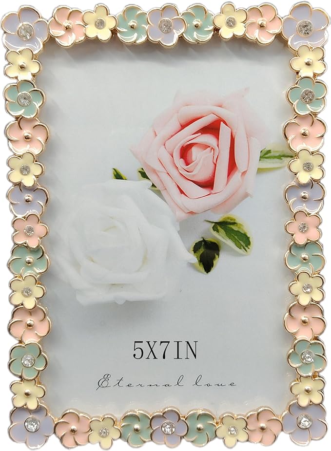 5X7 Wedding Picture Frame with Enamel Finis Glass Front - Ornate Antique Colorful Flowers Metal Photo Frame Tabletop/Wall Display Gifts for Women Photo Frame Tabletop/Wall Vintage