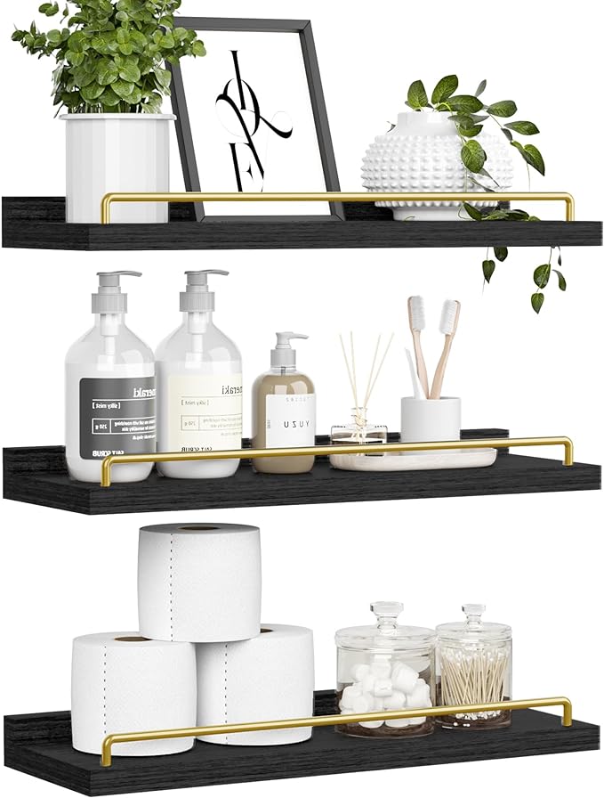 RYOFOBETTO Floating Shelves for Wall Decor, Black and Gold Shelves for Bathroom, Living Room, Bedroom, Picture Frames, Plants, Kitchen (Set of 3)