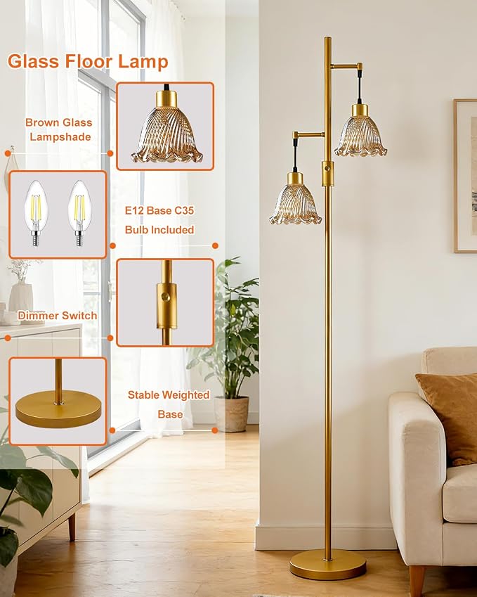 Lightdot 2- Light Gold Flower Floor Lamp for Living Room, 65IN Dimmable Floor Lamps with Amber Glass Shade& Warm White Bulbs, Modern Standing Tall Lamp with 5Lbs Heavy Base for Bedroom Home Office