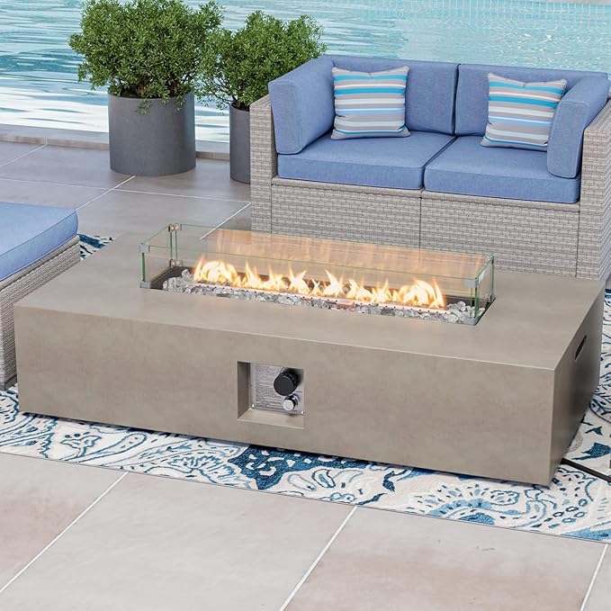 COSIEST Outdoor Propane Fire Pit Table, 56-inch x 28-inch Rectangle Gray Concrete-Like Finish, Certified, 50,000 BTU Stainless Steel Burner w Transparent Gray Fire Glass, Wind Guard, Raincover