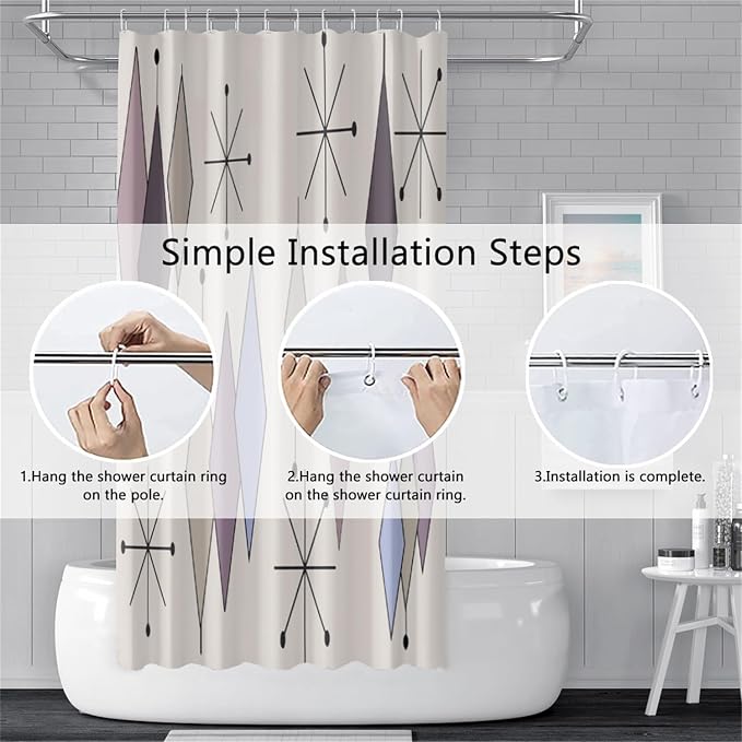 Mid Century Shower Curtain Abstract Purple Diamond Geometric Atomic Starburst Pattern Beige Backdrop for 1950s Retro Bathroom Decor Accessories Shower Curtain Set with 12 Hooks, 48x72 Inches