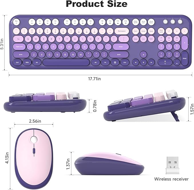 Wireless Keyboard and Mouse Combo, MOWUX Colorful Computer Full Size 2.4G Plug and Play Wireless Typewriter Keyboard and Mouse Set for Computer, Desktop, PC (Purple Gradient)