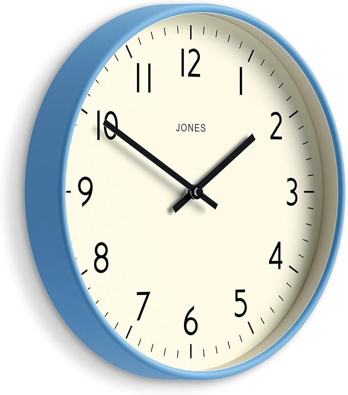 JONES CLOCKS® Studio wall Clock | Modern Round Style | 12 inch | Mid Blue | Easy to Read Numbers | Versatile Design for Kitchen, Living Room or Office