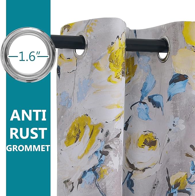 MYSKY HOME Floral Blackout Curtains for Living Room Darkening Thermal Insulated Curtain Vintage Floral Printed, 2 Panels, 52W x 95L Inch, Grey & Yellow