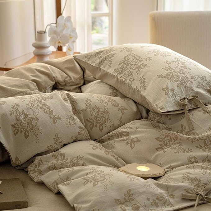 VM VOUGEMARKET Linen Cotton Duvet Cover Set King Retro Monet Flower Bedding Set,Jacquard Yarn-Dyed Textured Comforter Cover with Bowknot-104 x90,Khaki