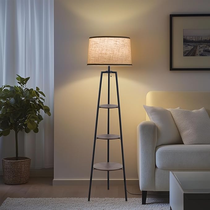 EOEYYOYB 3 Tier Shelf Floor Lamps for Living Room, Modern Standing Lamp with 3 Color Temperature Led Bulb, Tall Lamps for Bedroom and Office, Walnut
