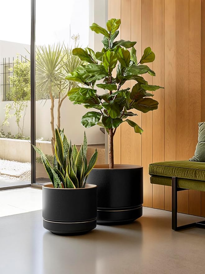 LE TAUCI 12 Inch Pot for Plants with Saucer, Ceramic Indoor Planter Pot with Drainage Hole, Mesh Pad & Plug Included, Matte Glazed Outside, Modern for Home and Office, Obsidian Black & Ochre