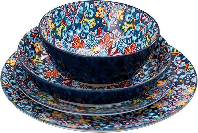 Plates and Bowls Set, Service for 4, 16 Pieces Ceramic Dinnerware Set, Microwave and Dishwasher Safe, Scratch Resistant, Bohemian Style Plates Set for Salad, Pasta, Dessert, Appetier