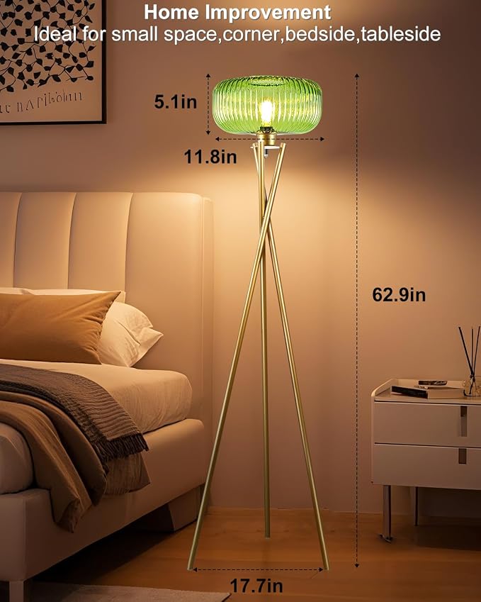 Lightdot Glass Tripod Floor Lamp for Living Room, Modern Gold Standing Lamp with Green Ribbed Glass Lampshade, Arc Tall Lamp for Bedroom Office Reading Room/Sofa Beside/Corner Decor (Bulb Included)