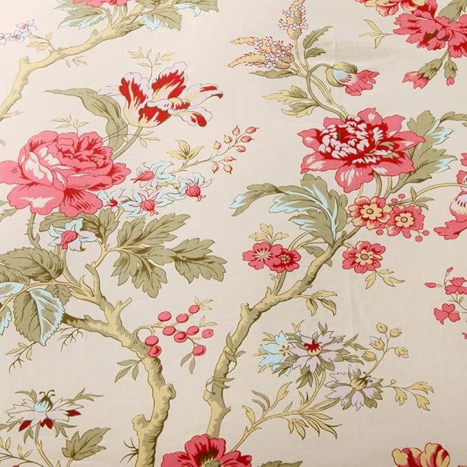 LifeTB Vintage Garden Style Duvet Cover King Red Flower Green Leaves Pattern Floral Duvet Cover Aesthetic Comforter Cover Soft Cotton Floral Bedding Set Botanical Garden Flower Duvet Cover King Size